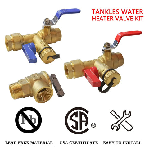 Three Quarter Inch IPS Isolator Tankless Water Heater Valve Kit With Pressure Relief Valve Includes Hot And Cold Isolation Valves