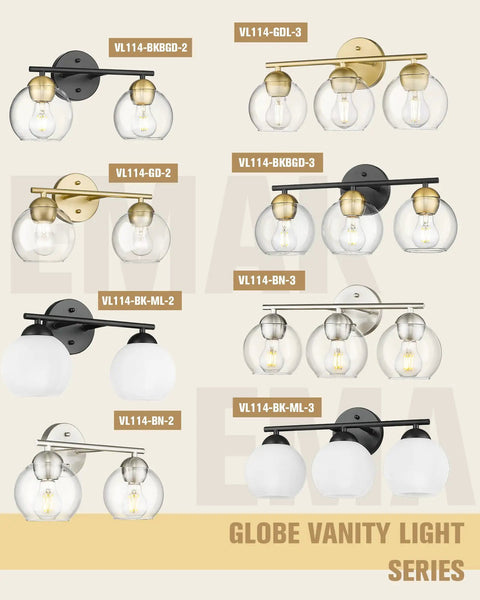 Gold Finish 2 Light Bathroom Vanity Light Over Mirror With Clear Glass Globe Shades, assortment of modern elegant bath fixtures