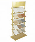 Five Tier Swatch Sample Storage Rack In Gold, Heavy Duty Metal Frame With Dense Wire Mesh, Stable Build For Ceramics, Glass, Building Materials, Space Saving Display Stand For Pro Grade Showcases. 67x35x150 cm