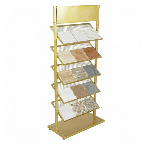 Five Tier Swatch Sample Storage Rack In Gold, Heavy Duty Metal Frame With Dense Wire Mesh, Stable Build For Ceramics, Glass, Building Materials, Space Saving Display Stand For Pro Grade Showcases. 67x35x150 cm