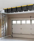Overhead Garage Ceiling Bin Storage Rack For Six Bins Adjustable Heavy Duty Tote Rails That Declutter Your Garage And Free Up Floor Space No More Floor Clutter With Ceiling Tote Storage Bins Not Included