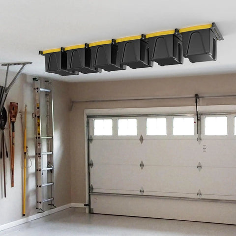 Overhead Garage Ceiling Bin Storage Rack For Six Bins Adjustable Heavy Duty Tote Rails That Declutter Your Garage And Free Up Floor Space No More Floor Clutter With Ceiling Tote Storage Bins Not Included