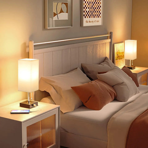 Set Of 2 Bedside Lamps With Dual USB Ports For Fast Phone Charging, Nightstand Table Lamps lit on a cozy bedroom nightstand