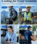 Ultra Lightweight Clip On Waist Fan for outdoor adventures worn by diverse people in hiking, worksite, office, and travel scenarios.