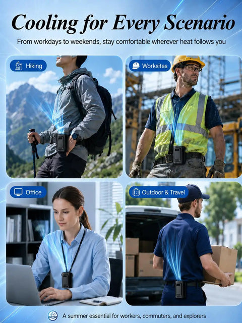 Ultra Lightweight Clip On Waist Fan for outdoor adventures worn by diverse people in hiking, worksite, office, and travel scenarios.