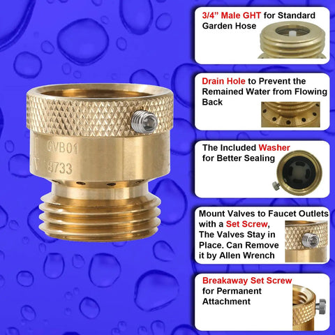 Lead Free Brass 3/4 Inch MHT Hose Bibb Connector With Backflow Preventer Vacuum Breaker Check Valve For Garden Spigot And RV Hose Connection Anti Siphon Fitting With Extra Set Screws