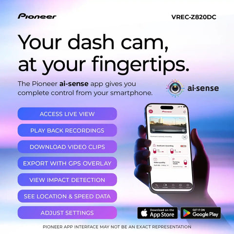 Smartphone screen showing Pioneer ai-sense app controls for Dual Dash Cam For Your Ride Front And Rear with various app features.