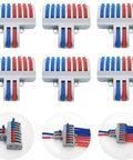 Six Pack SPL-82 Lever Nut Quick Connect Wire Connectors 2 In 8 Out Terminal Blocks, 6 gray plastic units with blue and red levers
