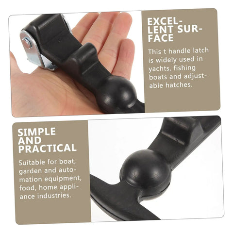 Elastic Draw Latch T Handle Lock Set in a hand, showing black rubber material, used for boats, toolboxes, coolers, easy install, durable.