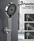 Rainfall Shower System With 10 Inch Handheld, chrome finish, wall-mounted, showcasing three spray modes and silicon nozzles.