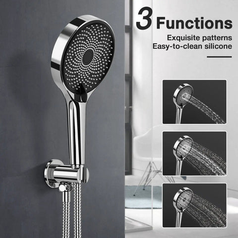 Rainfall Shower System With 10 Inch Handheld, chrome finish, wall-mounted, showcasing three spray modes and silicon nozzles.