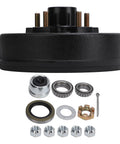 Top Shelf 10 Inch Heavy Duty Trailer Brake Hub Drum Assembly Built Tough For 3500 Lb Axles with accessories and hardware.