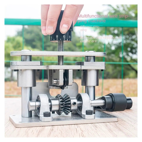 Heavy Duty Stainless Steel Wire Stripper Machine For Electric Drill Peeling Tool Strips 2-20mm Cable Efficiently close-up view of machine with settings adjustment.