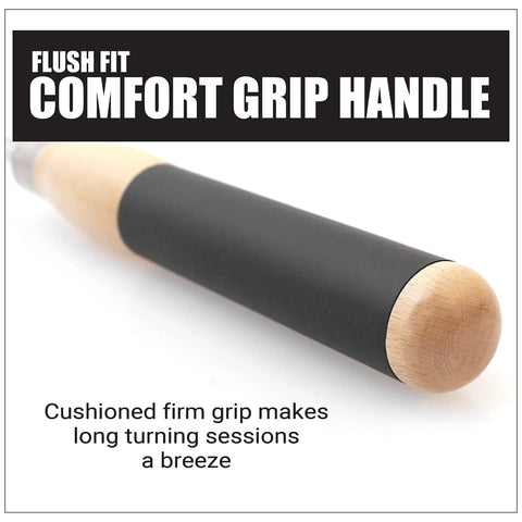 Flush fit comfort grip handle of Carbide Mini Turning Tool Set For Wood Lathe 3 Piece with wooden end and cushioned shaft.