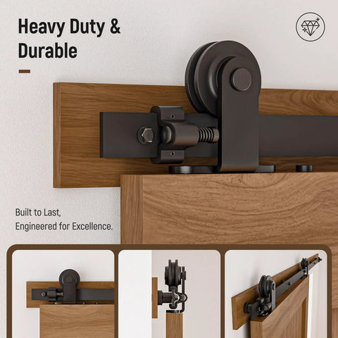Five Foot Sliding Barn Door Hardware Kit Heavy Duty With Quiet Smooth Operation And Easy Install fits Thirty Inch Wide Single Door Panel T Shaped Black includes solid steel roller hanger.
