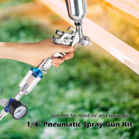 Demonstrating Universal One Quarter Inch Air Regulator Kit With Gauge For Pneumatic Spray Guns in use, hand holding spray gun