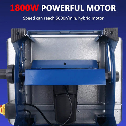 1800W powerful motor of Badass Retractable Table Saw Featuring A Kicker 1800 Watt Motor for clean cuts, highlighted from above.