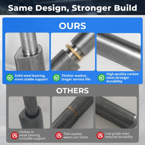 Comparison of heavy-duty barrel hinges showing solid steel bearing and brass washer features, highlighting durability for gates.