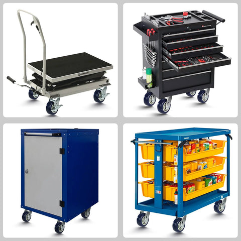 4 carts with 5 Inch Caster Wheels Set Of Four With Premium Polyurethane Tread On Polypropylene Core Half Inch Bore Double Precision Ball Bearings Heavy Duty Casters With 3200 Lbs Capacity Ideal For Carts And Dollies In Workshops And Warehouses