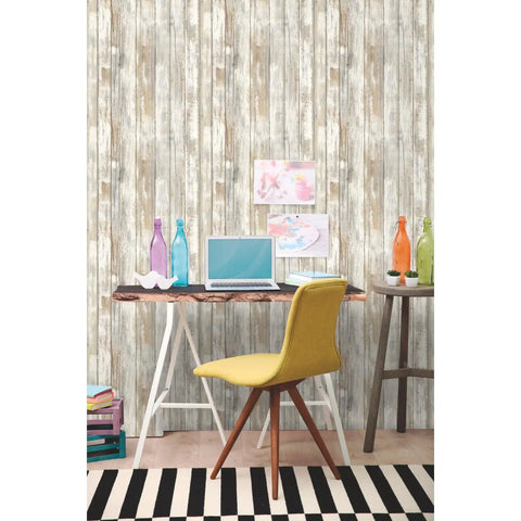 White Distressed Wood Peel And Stick Wallpaper Easy No Mess No Paste Install for Quick DIY Ready Room Makeover visible behind desk setup.
