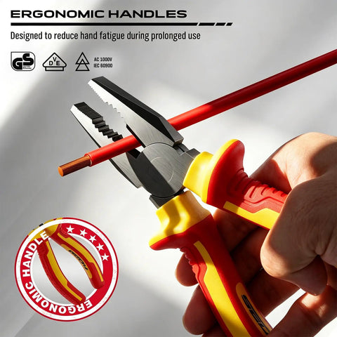 All In One Insulated Electrician Tool Set Pro Grade Workhorse For Electricians 1000V VDE Certified Screwdrivers Voltage Tester Long Nose Pliers Diagonal Cutting Pliers Water Pump Pliers For Safe Electrical Work At Home, insulated pliers cutting red wire