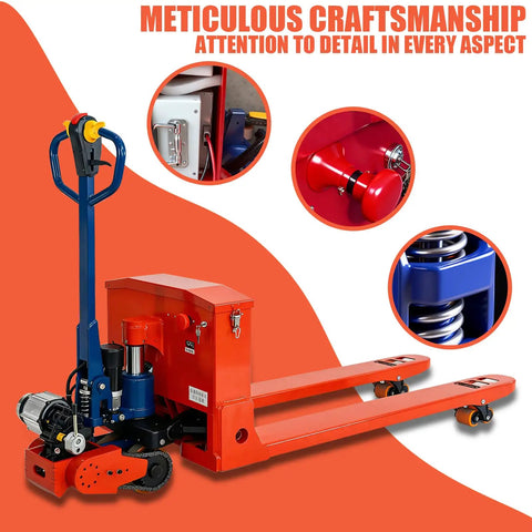 Ultra Heavy Duty Electric Pallet Jack Truck With Massive 17600 Lb Capacity Rock Solid Steel Frame And Lithium Battery Power For Warehouse Work, detailed view highlighting craftsmanship and mechanical components.