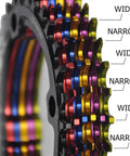 Wide Range Narrow Wide 104 BCD Mountain Bike Chainring 32T 34T 36T 38T Round Aluminum 7075 T6 close-up showing colored teeth.