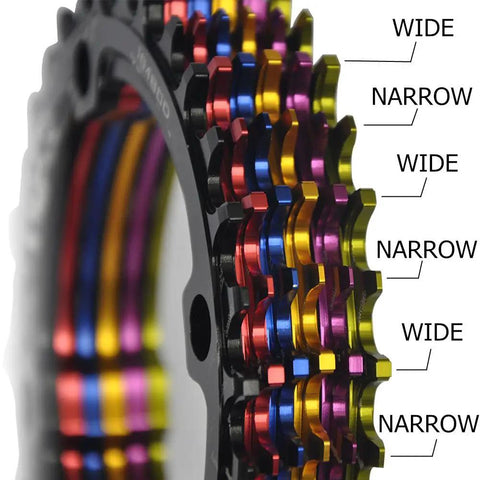 Wide Range Narrow Wide 104 BCD Mountain Bike Chainring 32T 34T 36T 38T Round Aluminum 7075 T6 close-up showing colored teeth.