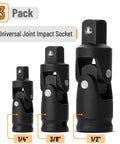 Universal Joint Impact Socket Set Three Piece With One Quarter Inch Drive, Three Eighths Inch Drive, And One Half Inch Drive, Heavy Duty Swivel Sockets In High Strength Steel For Auto, DIYers And Mechanical Jobs, Perfect For Manual Or Low Speed Power. 3-piece 1/4, 3/8, 1/2-inch sockets