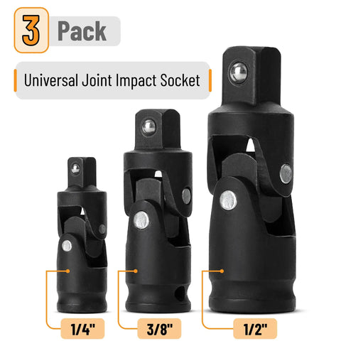 Universal Joint Impact Socket Set Three Piece With One Quarter Inch Drive, Three Eighths Inch Drive, And One Half Inch Drive, Heavy Duty Swivel Sockets In High Strength Steel For Auto, DIYers And Mechanical Jobs, Perfect For Manual Or Low Speed Power. 3-piece 1/4, 3/8, 1/2-inch sockets