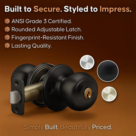 Matte Black Keyed Entry Door Knob Set With Lock And Privacy Turn Button For Interior And Exterior Doors ANSI Grade 3 Certified