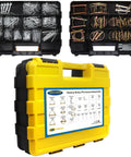 420 Piece Heavy Duty Pin Kit With Zinc Plated Carbon Steel Hitch Pins, R Clips, various pins in a yellow organizer case