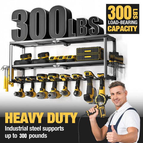 Built Tough Power Tool Organizer Wall Mount For Garage And Workshop, 32 Inch With 8 Slots, shown with tools and 300 lbs capacity