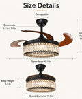 Size details infographic for efperfect 42 Inch Black Crystal Fandelier Ceiling Fan with Light and Remote showing dimensions.