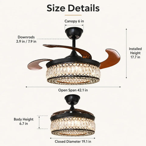 Size details infographic for efperfect 42 Inch Black Crystal Fandelier Ceiling Fan with Light and Remote showing dimensions.