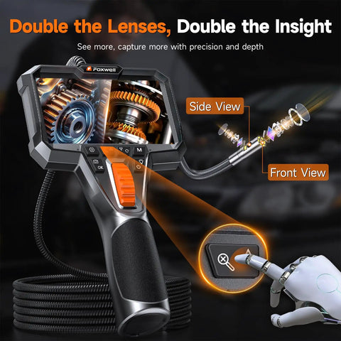 Dual Lens Articulating Borescope With 1080P Endoscope Camera, Two Way Flex Probe, 5.3ft Semi Rigid Cable For Engines, Pipes, HVAC Ducts And Industrial Equipment See Hidden Damage Clearly. handheld inspection camera with side and front view display