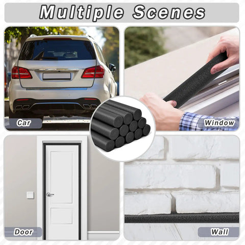 Pro Grade Foam Backer Rods 12 Pack for Expansion Joints shown in car, window, door, and wall applications.