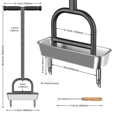 Manual Lawn Core Aerator With Stainless Steel Core Plugs And Storage Tray shown with measurement details