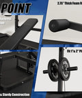 Olympic Weight Bench Set With Leg Extension And Leg Curl 9 In 1 Workout Bench components, soft cushion, foam roller, plate holder.