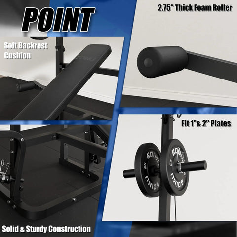 Olympic Weight Bench Set With Leg Extension And Leg Curl 9 In 1 Workout Bench components, soft cushion, foam roller, plate holder.