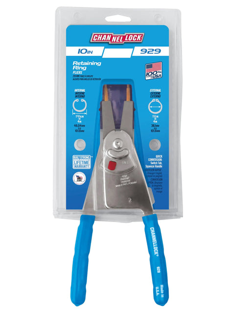 Front view of retaining ring pliers convertible ten inch beefy tool with external ring range one and a half to four inch.