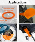 Oil Change Kit For Harley With Heavy Duty Filter Cap Wrench Crankcase Fill Tool showing orange funnel applications