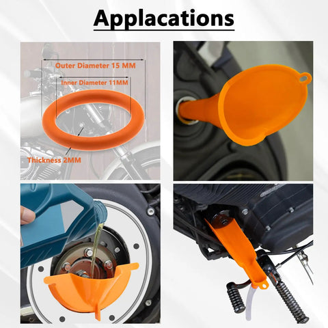 Oil Change Kit For Harley With Heavy Duty Filter Cap Wrench Crankcase Fill Tool showing orange funnel applications