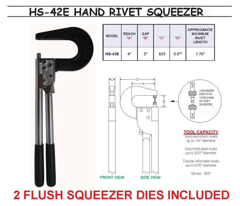 Heavy Duty Hand Rivet Squeezer Tool For Solid And Tubular Rivets Up To 1-3/4 Inch Length With 4 Inch Reach And 2 Inch Gap Includes Two Flush Squeezing Dies For Aluminum Steel And More Durable Design diagram showing dimensions and features.