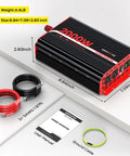 Heavy Duty Two Thousand Watt Power Inverter For RV Truck And Camper 12 V DC To 110 V AC with cables and user manual, dimensions 9.84x7.09x2.83 inches.