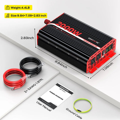 Heavy Duty Two Thousand Watt Power Inverter For RV Truck And Camper 12 V DC To 110 V AC with cables and user manual, dimensions 9.84x7.09x2.83 inches.