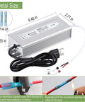 Heavy Duty 24V DC LED Driver 100W Power Supply Waterproof IP67 Transformer with 3-Prong Plug and cord, size details shown