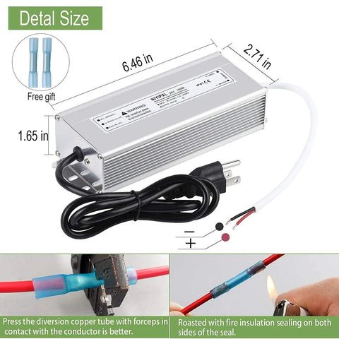 Heavy Duty 24V DC LED Driver 100W Power Supply Waterproof IP67 Transformer with 3-Prong Plug and cord, size details shown
