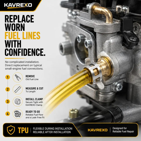 Top Tier TPU Fuel Line Kit 3/16 And 1-4 Inch With 8 Heavy Duty Clamps For Small Engines Lawmowers Trimmers And Chainsaws Flexible Durable Performance Gear, yellow fuel line on engine