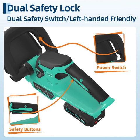 Close-up of Pro Grade Cordless Hedge Trimmer With 22 Inch Dual Action Blades Brushless Motor dual safety lock features
